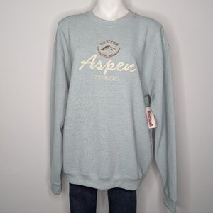 NWT Souvenirs Northern Blue Ribbed Aspen Colorado Pullover Sweatshirt L